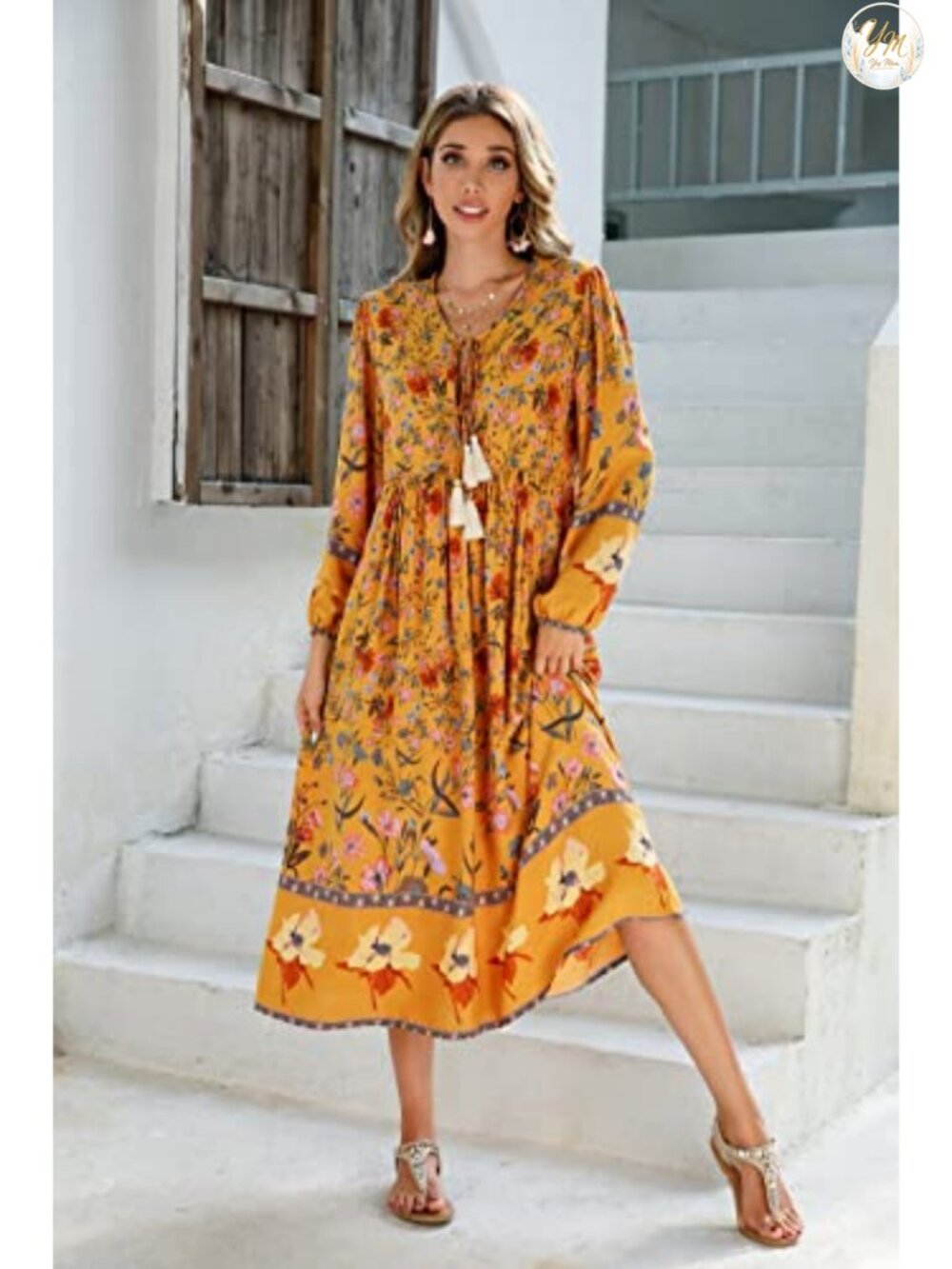 Boho Floral Midi Dress with Tassel Tie, Long Sleeve V-Neck - Picture 2 of 6